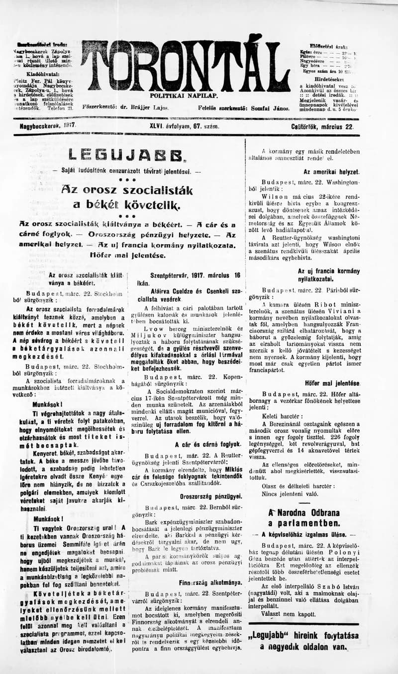 Torontál, 46. évf. 1917. március 22. 67. sz.