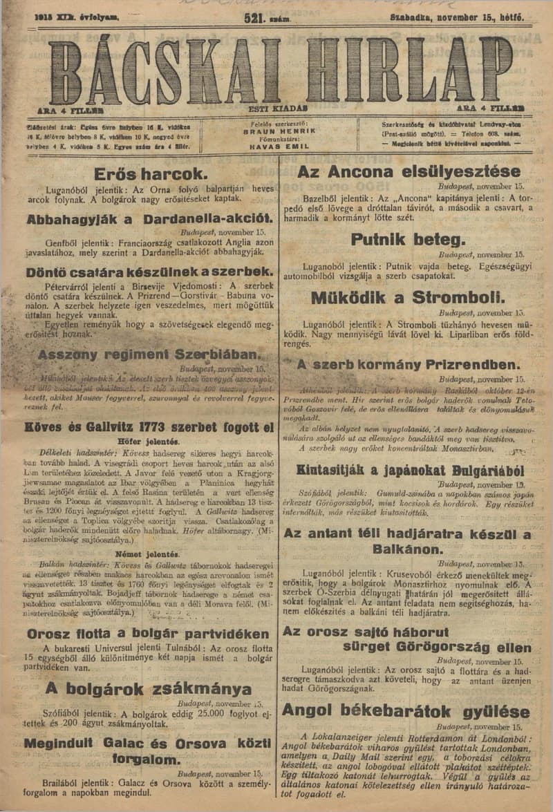Bácskai Hirlap, 19. évf. 1915. november 15. 521. sz.