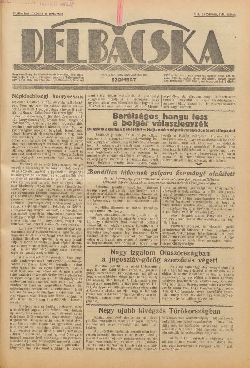 Délbácska, 7. évf. 1926. augusztus 28. 198. sz.