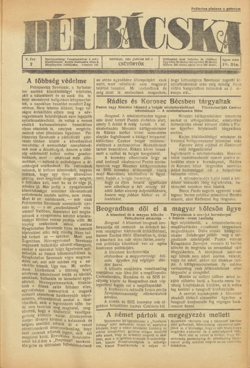 Délbácska, 5. évf. 1924. január 3. 2. sz.