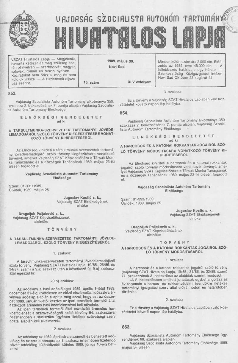 Vajdaság Szocialista Autonóm Tartomány Hivatalos Lapja, 45. évf. 1989. május 30. 15. sz.