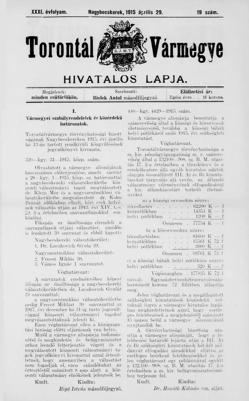 Torontál Vármegye Hivatalos Lapja, 31. évf. 1915. április 29. 19. sz.