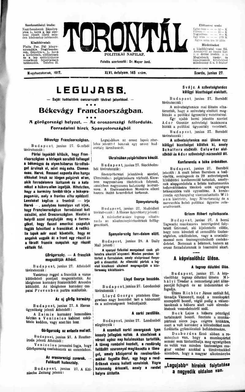 Torontál, 46. évf. 1917. június 27. 145. sz.