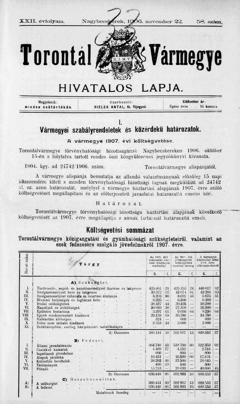 Torontál Vármegye Hivatalos Lapja, 22. évf. 1906. november 22. 58. sz.