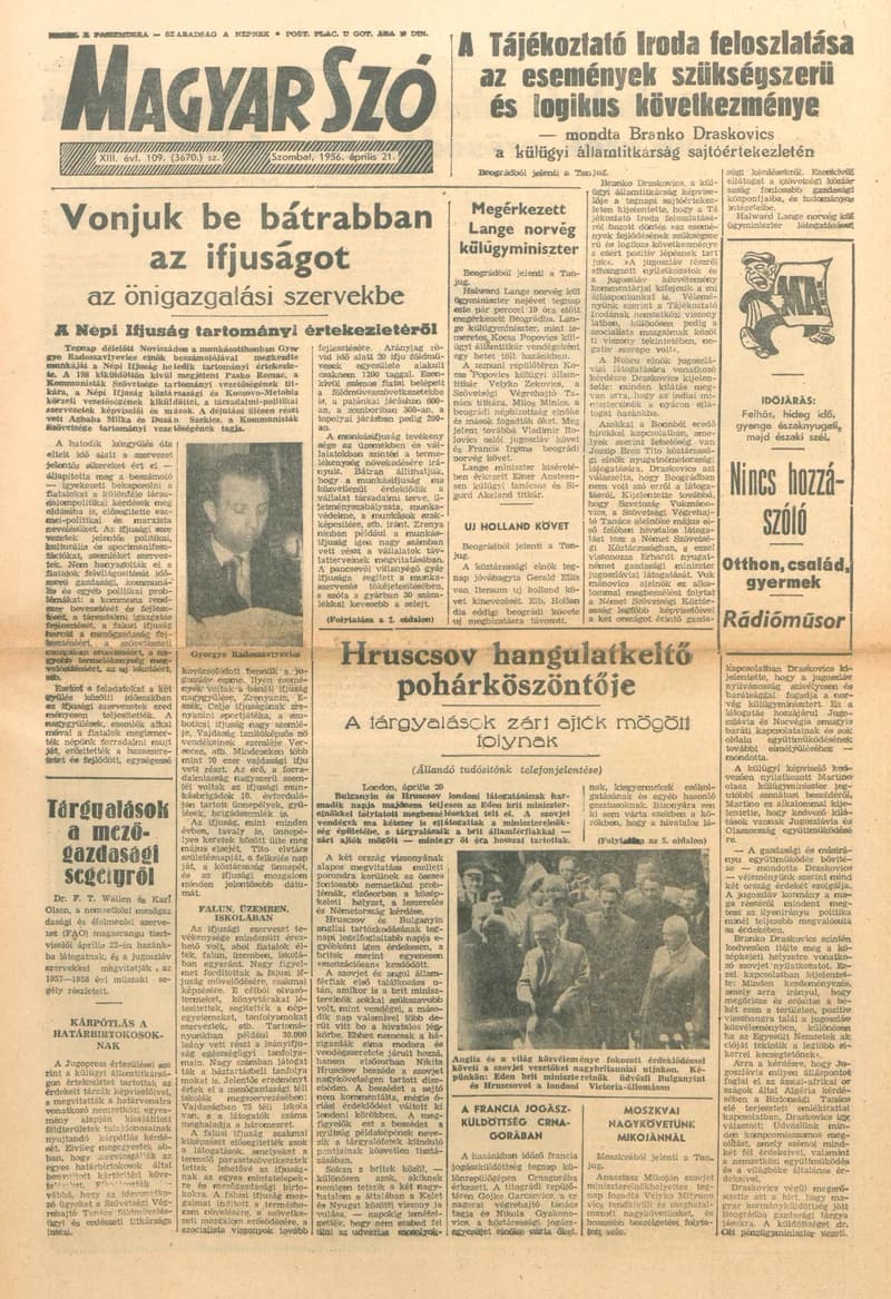 Magyar Szó, 13. évf. 1956. április 21. 109. sz. 1–12. oldal