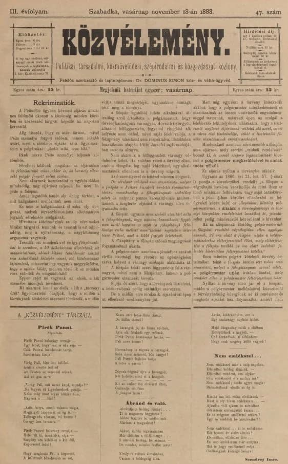 Közvélemény, 3. évf. 1888. november 18. 47. sz.