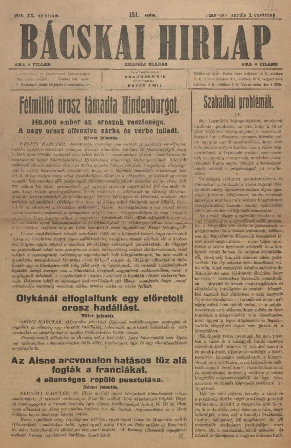 Bácskai Hirlap, 20. évf. 1916. április 2. 151. sz.