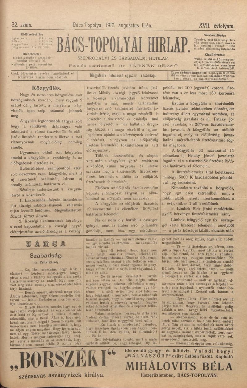Bács-Topolyai Hirlap, 17. évf. 1912. augusztus 11. 32. sz.
