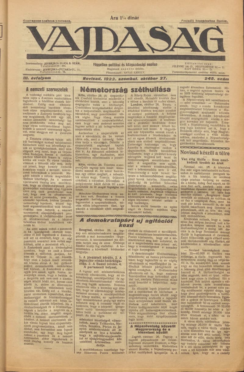 Vajdaság, 3. évf. 1923. október 27. 245. sz.