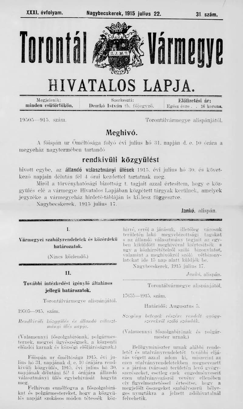 Torontál Vármegye Hivatalos Lapja, 31. évf. 1915. július 22. 31. sz.
