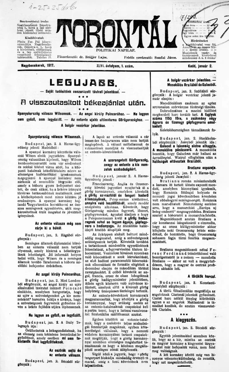 Torontál, 46. évf. 1917. január 2. 1. sz.