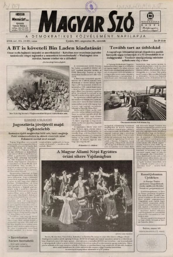 Magyar Szó, 58. évf. 2001. szeptember 20. 215. sz. 1–16. oldal