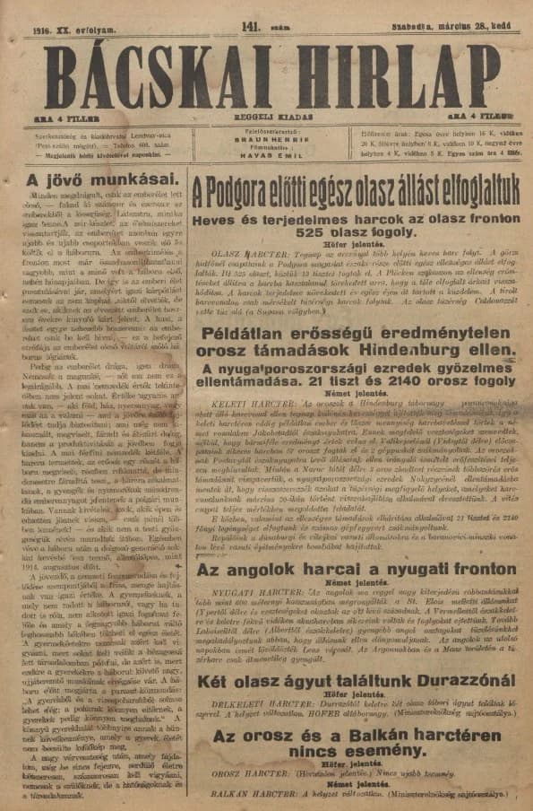Bácskai Hirlap, 20. évf. 1916. március 28. 141. sz.
