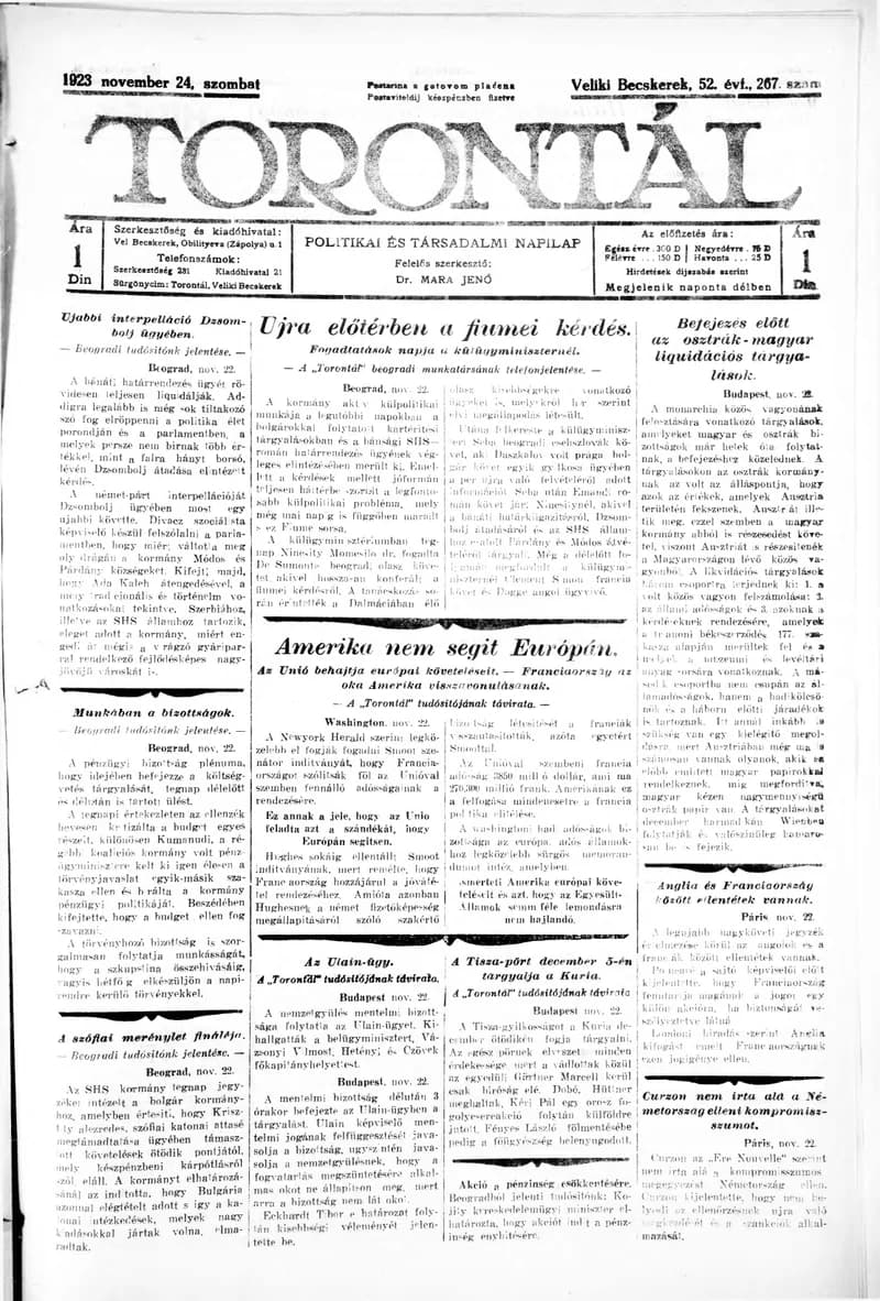 Torontál, 52. évf. 1923. november 24. 267. sz.