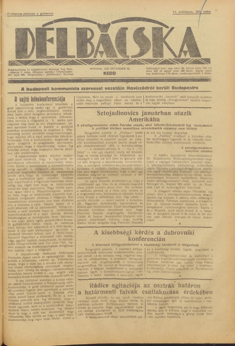 Délbácska, 6. évf. 1925. december 22. 294. sz.