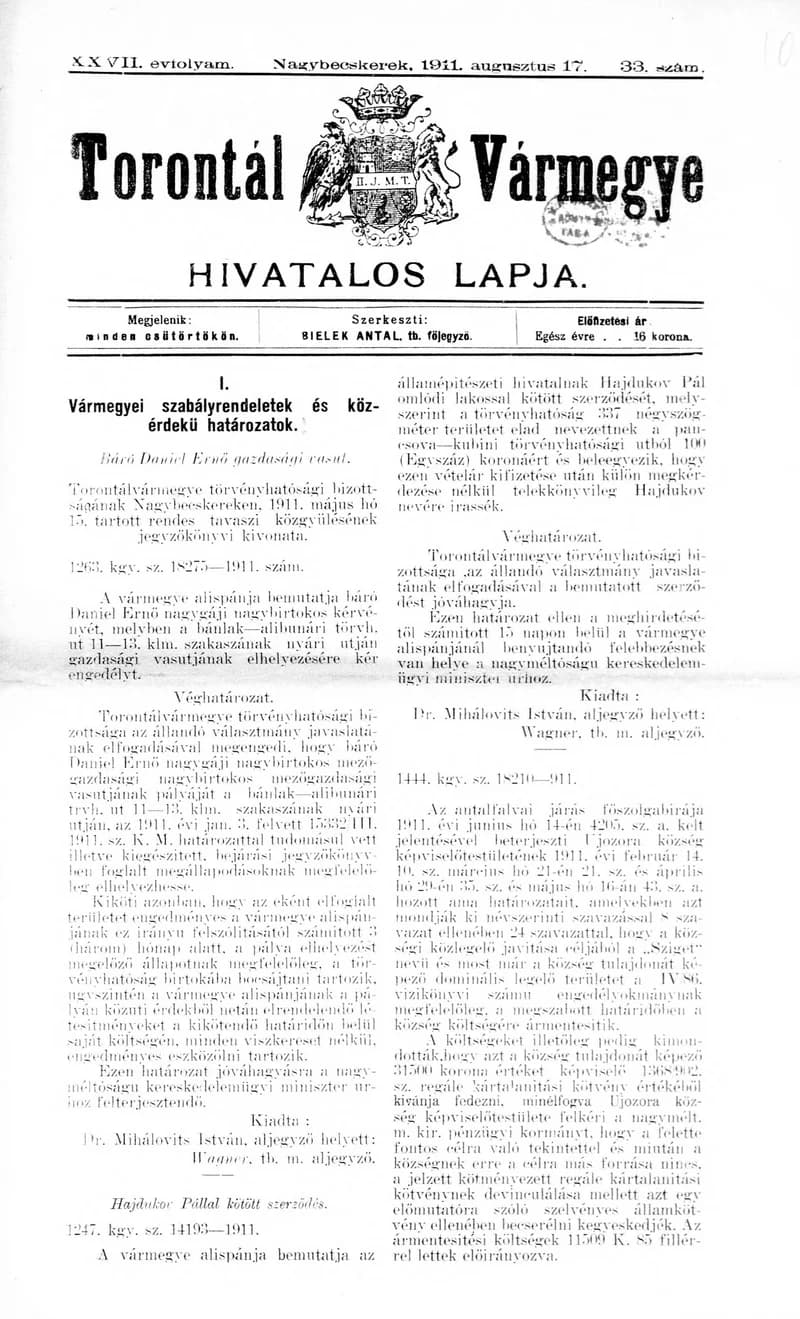 Torontál Vármegye Hivatalos Lapja, 27. évf. 1911. augusztus 17. 33. sz.