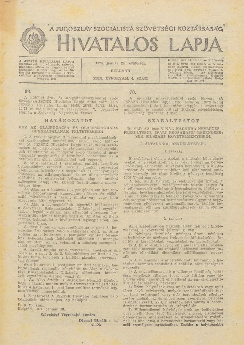 A Jugoszláv Szocialista Szövetségi Köztársaság Hivatalos Lapja, 30. évf. 1974. január 24. 4. sz. 89–144. oldal