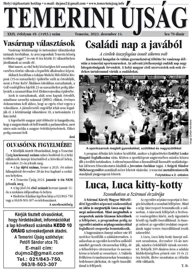 Temerini Újság, 29. évf. 2023. december 14. 49. sz.