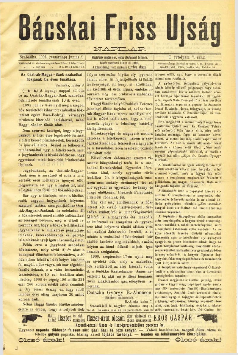 Bácskai Friss Ujság, 1. évf. 1901. június 9. 7. sz.