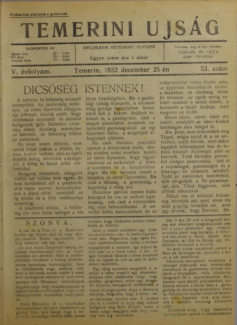 Temerini Újság 1928-1944, 5. évf. 1932. december 25. 53. sz.
