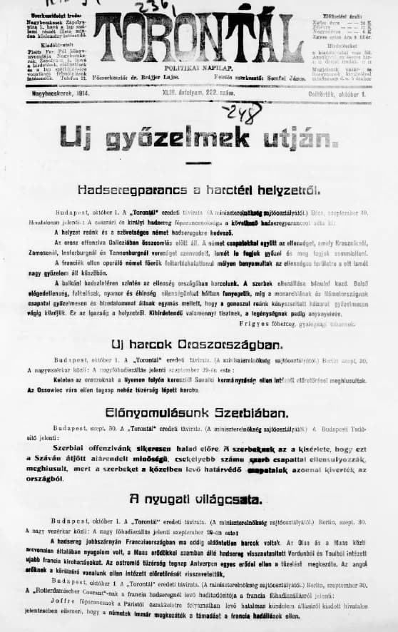 Torontál, 43. évf. 1914. október 1. 222. sz.