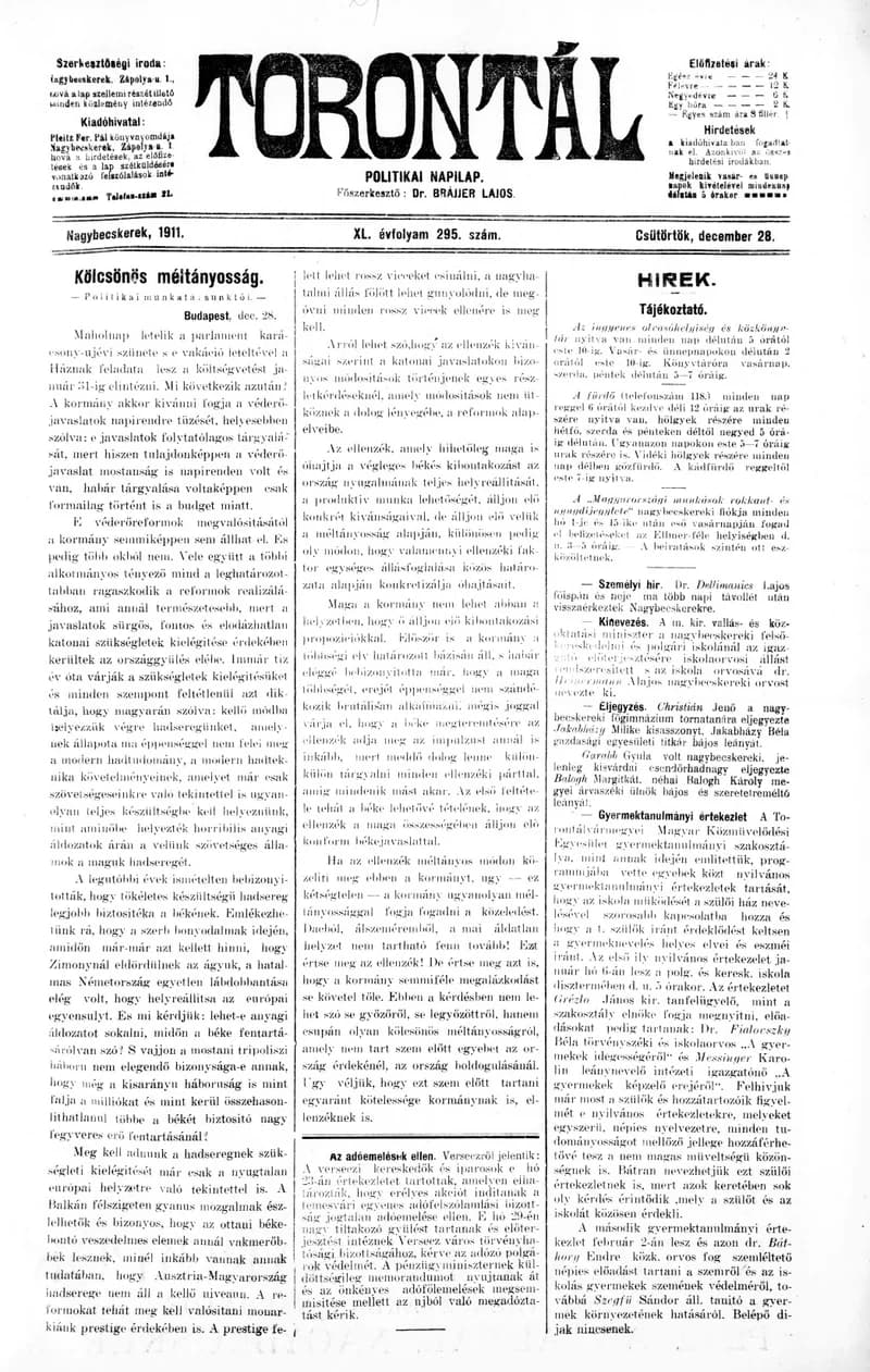 Torontál, 40. évf. 1911. december 28. 295. sz.