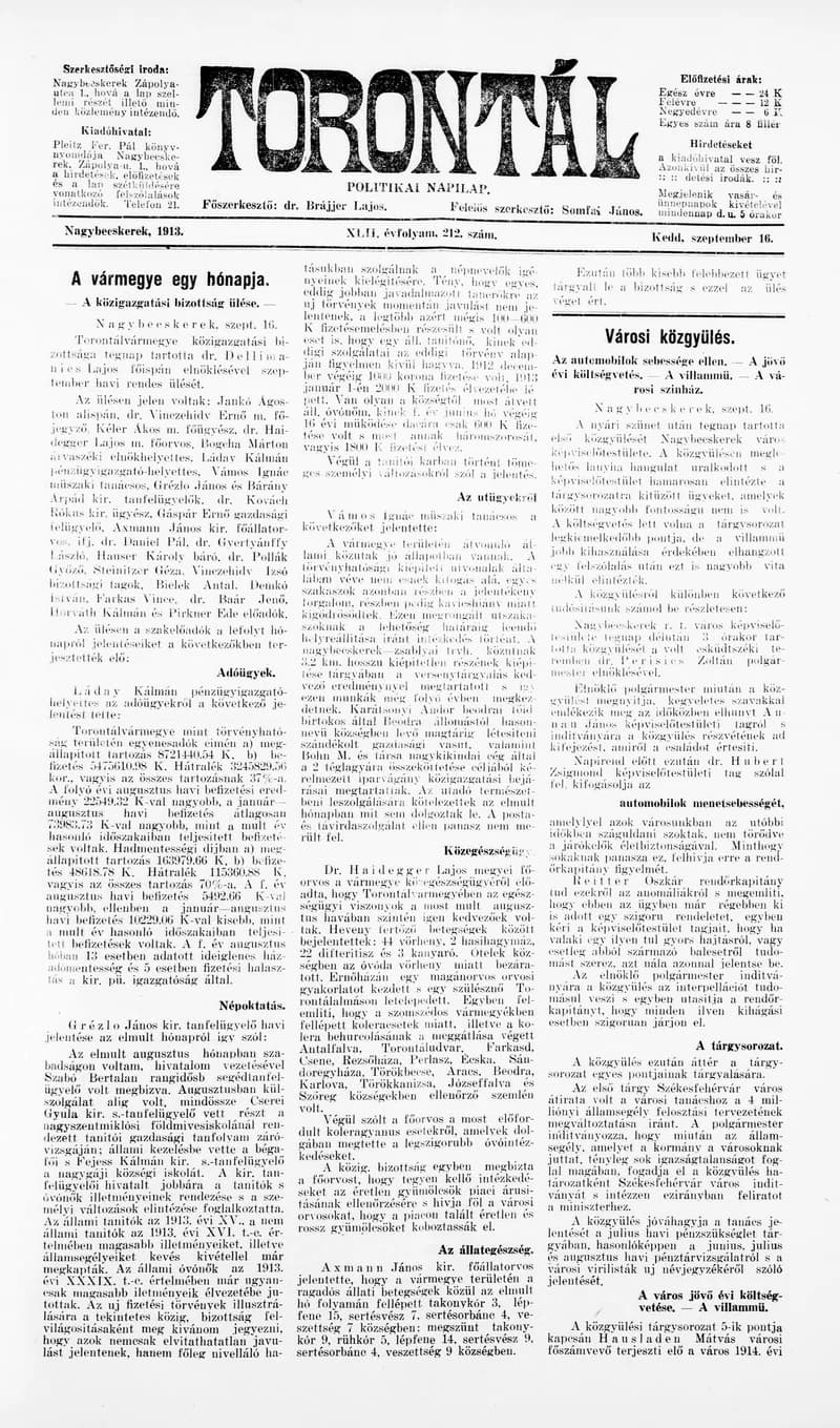 Torontál, 42. évf. 1913. szeptember 16. 212. sz.