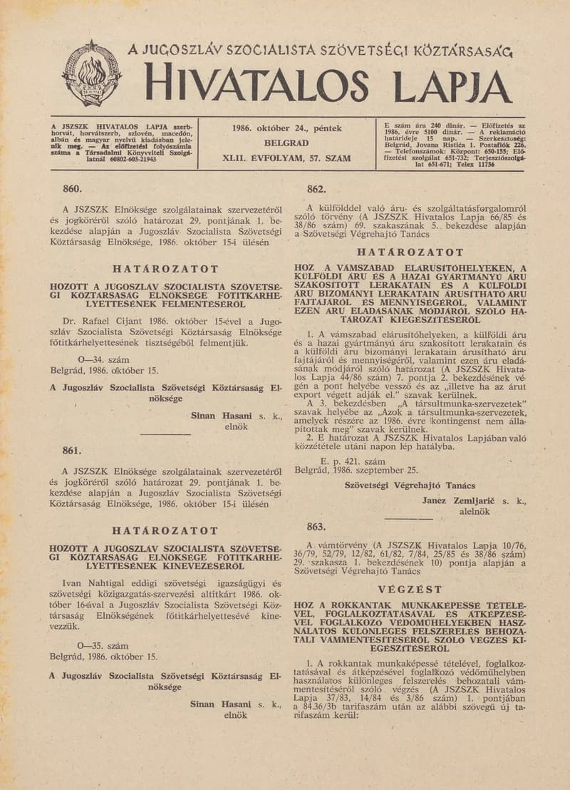 A Jugoszláv Szocialista Szövetségi Köztársaság Hivatalos Lapja, 42. évf. 1986. október 24. 57. sz. 1669–1700. oldal