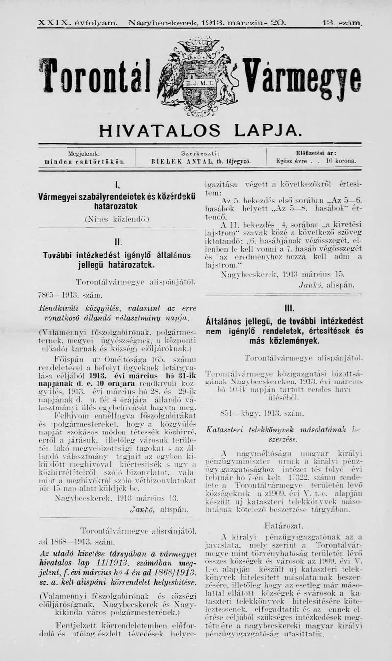Torontál Vármegye Hivatalos Lapja, 29. évf. 1913. március 20. 13. sz.