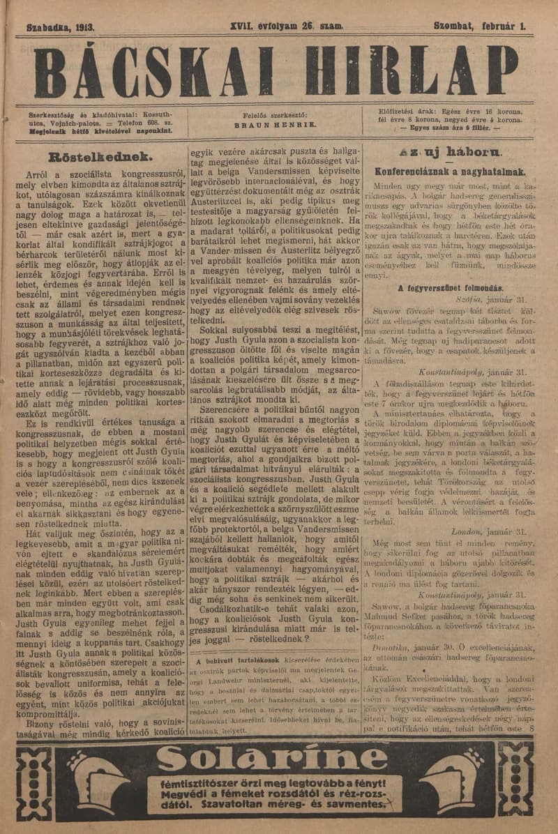 Bácskai Hirlap, 17. évf. 1913. február 1. 26. sz.
