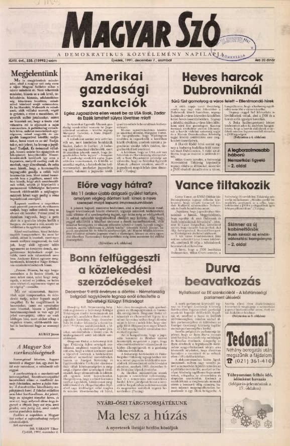 Magyar Szó, 48. évf. 1991. december 7. 335. sz. 1–20. oldal