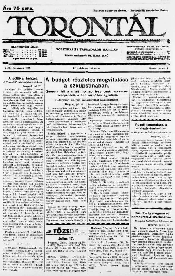 Torontál, 51. évf. 1922. július 19. 156. sz.