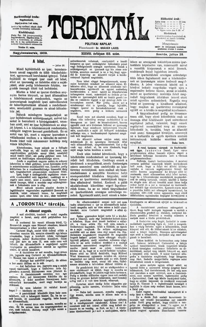 Torontál, 38. évf. 1909. július 28. 169. sz.