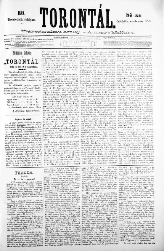 Torontál, 17. évf. 1888. szeptember 27. 39. sz.