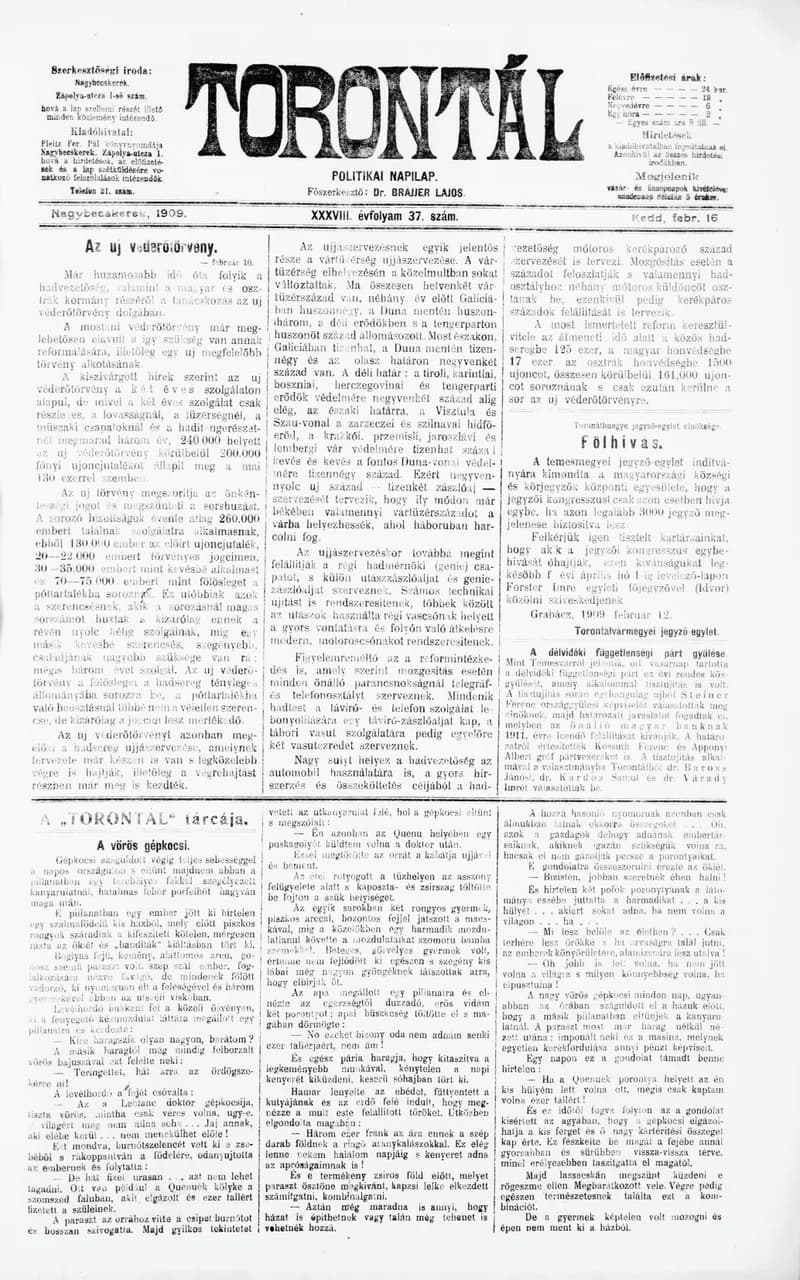 Torontál, 38. évf. 1909. február 16. 37. sz.