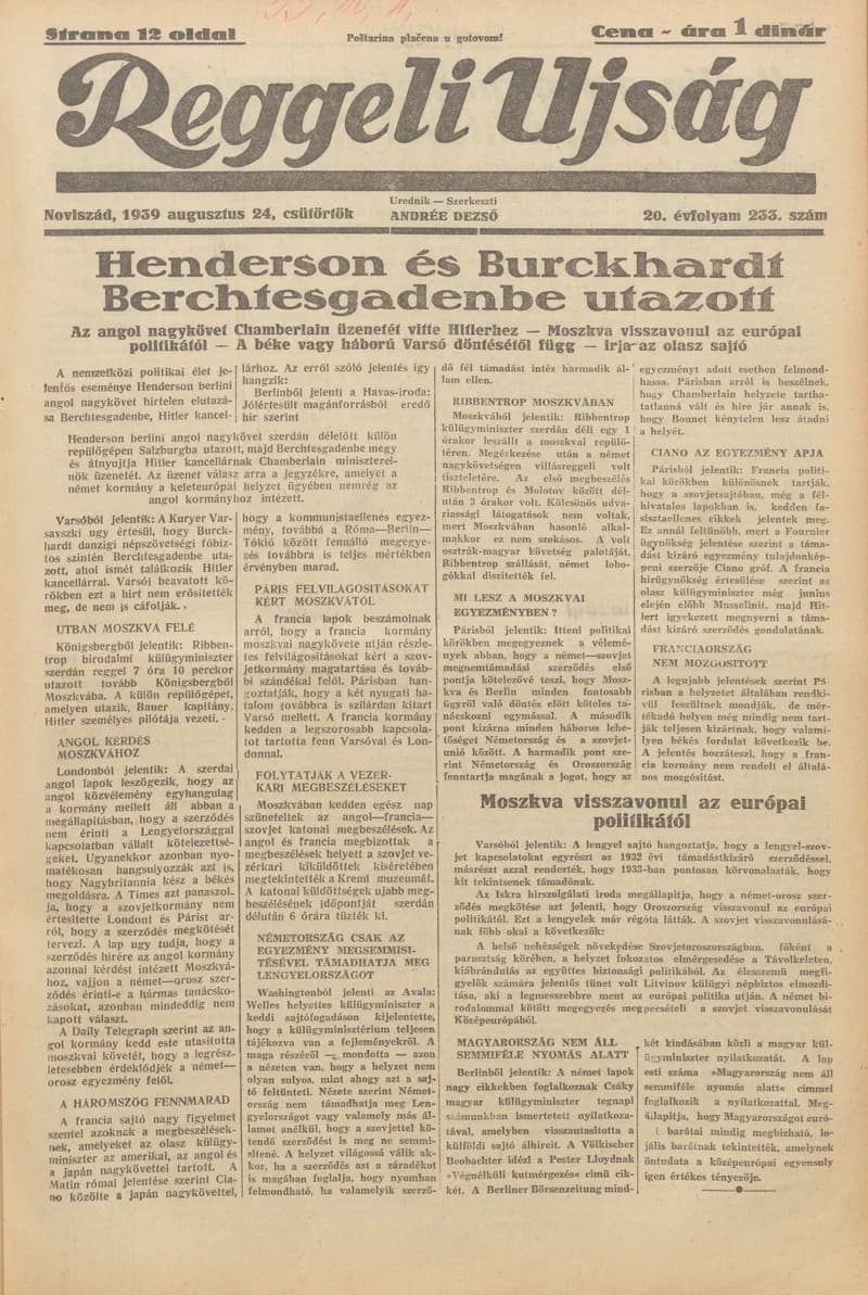 Reggeli Újság, 20. évf. 1939. augusztus 24. 233. sz.
