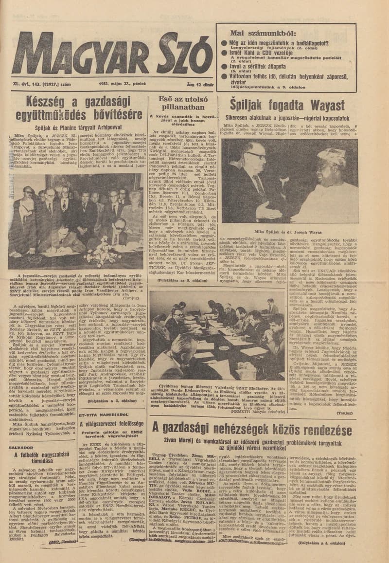 Magyar Szó, 40. évf. 1983. május 27. 143. sz. 1–20. oldal