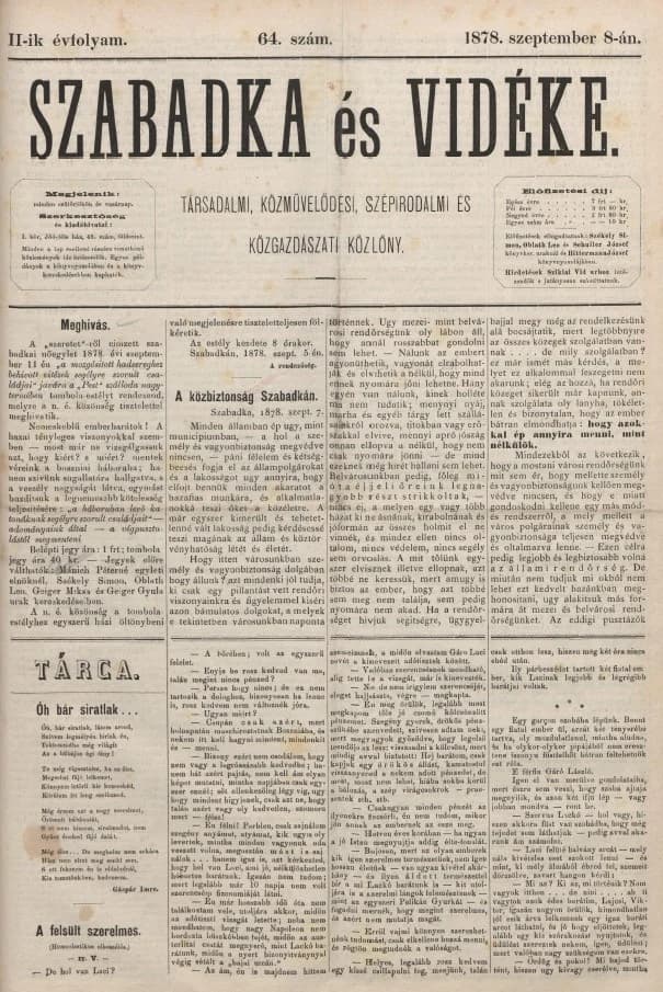 Szabadka és vidéke, 2. évf. 1878. szeptember 8. 64. sz.