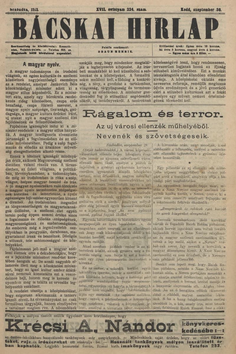 Bácskai Hirlap, 17. évf. 1913. szeptember 30. 224. sz.