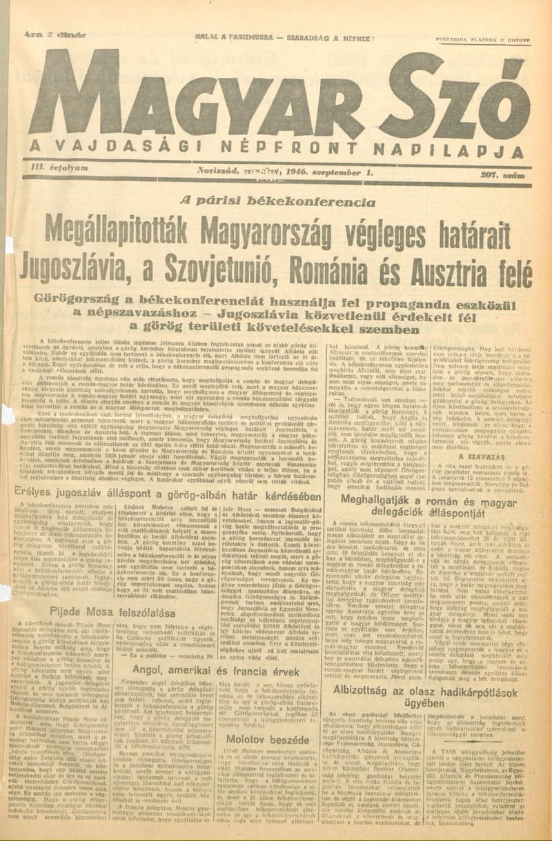 Magyar Szó, 3. évf. 1946. szeptember 1. 207. sz. 1–6. oldal