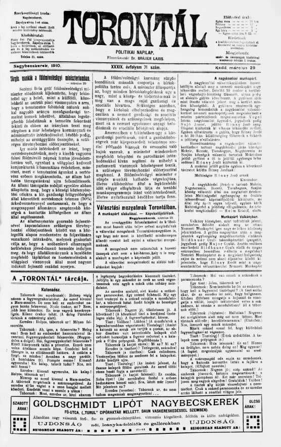 Torontál, 39. évf. 1910. március 29. 71. sz.