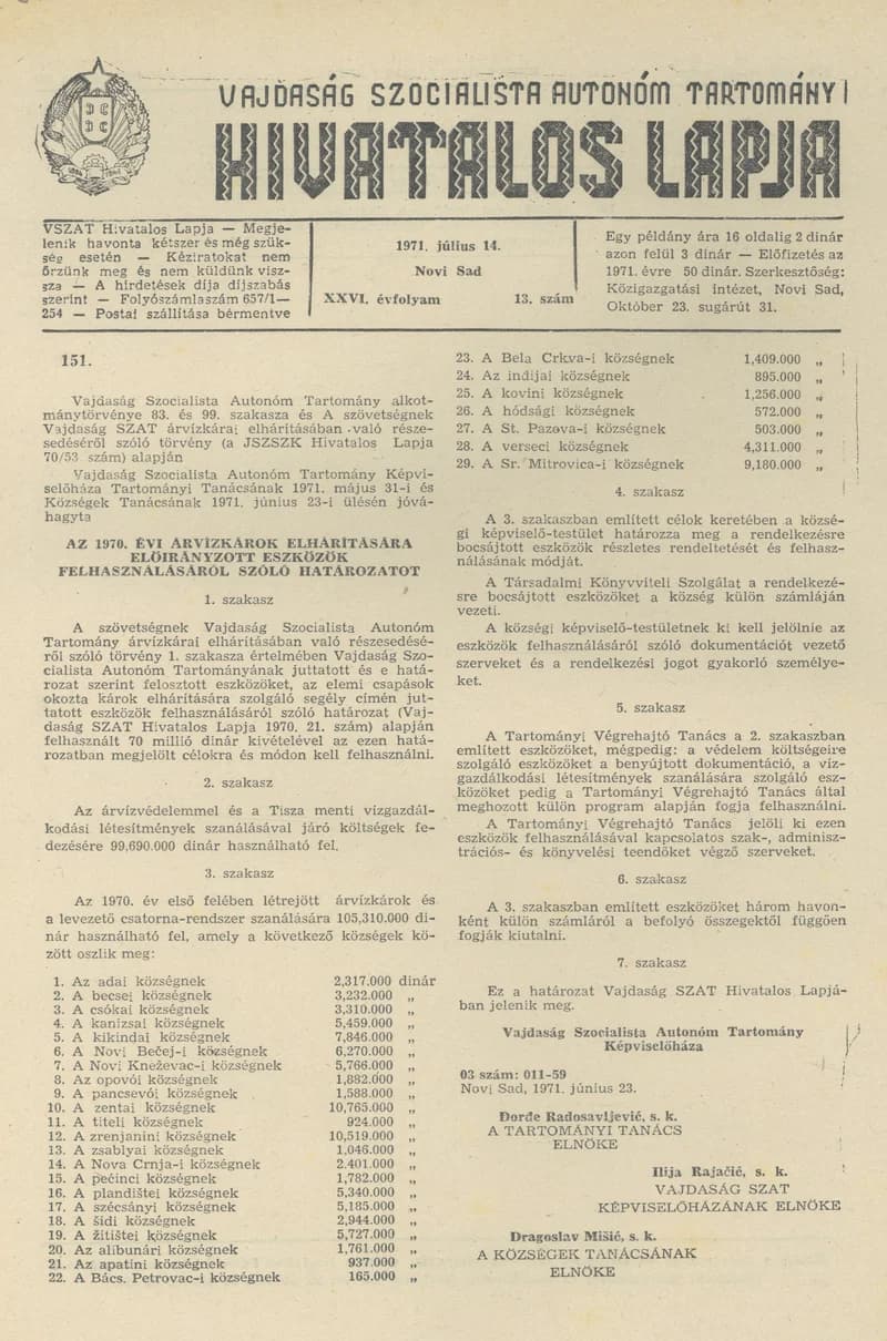 Vajdaság Szocialista Autonóm Tartomány Hivatalos Lapja, 27. évf. 1971. július 14. 13. sz. 205–206. oldal