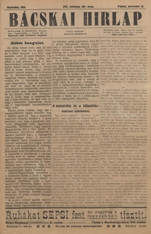 Bácskai Hirlap, 16. évf. 1912. november 15. 261. sz.