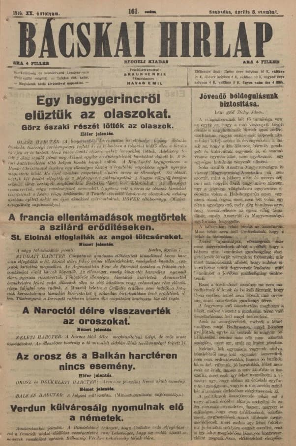 Bácskai Hirlap, 20. évf. 1916. április 8. 161. sz.