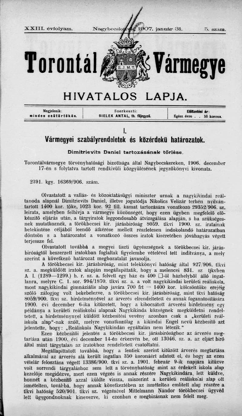 Torontál Vármegye Hivatalos Lapja, 23. évf. 1907. január 31. 5. sz.