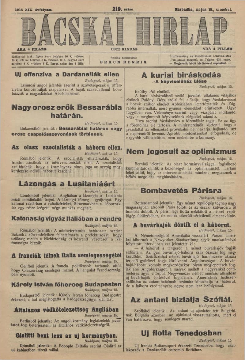 Bácskai Hirlap, 19. évf. 1915. május 15. 219. sz.