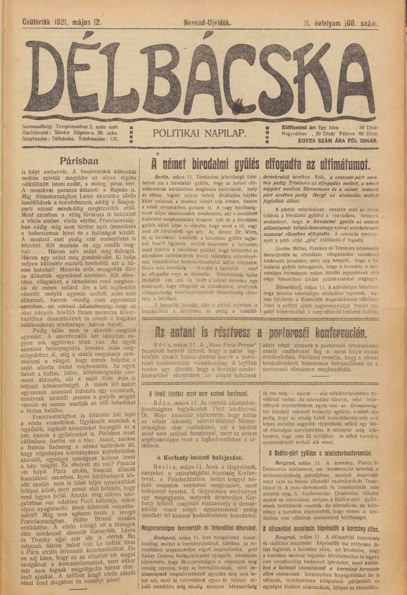 Délbácska, 2. évf. 1921. május 12. 108. sz.