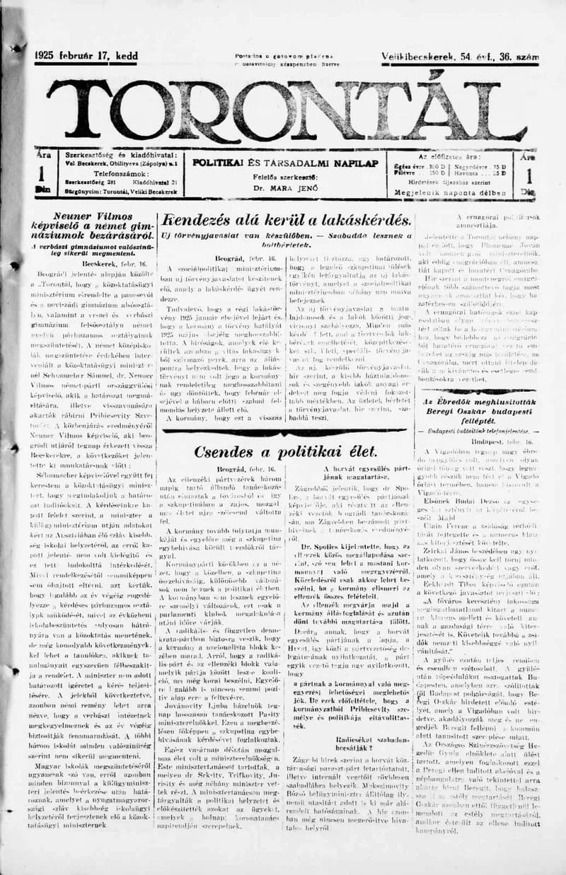 Torontál, 54. évf. 1925. február 17. 36. sz.
