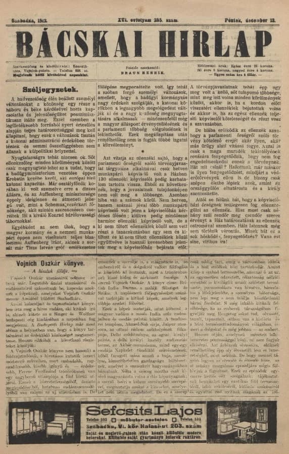 Bácskai Hirlap, 16. évf. 1912. december 13. 285. sz.
