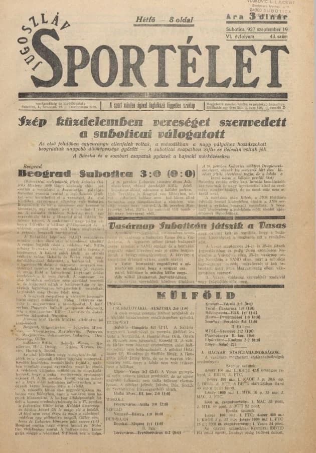 Jugoszláv sportélet, 6. évf. 1927. szeptember 19. 43. sz.